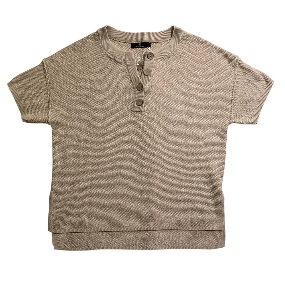 LILLUSORY short-sleeve sweater beige, waffle-knit button-up henley neckline M